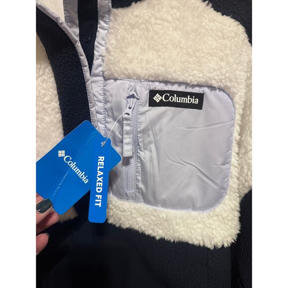 Columbia Sherpa Cropped Fleece Pullover Navy Blue White Women’s Size Small - Picture 3 of 11